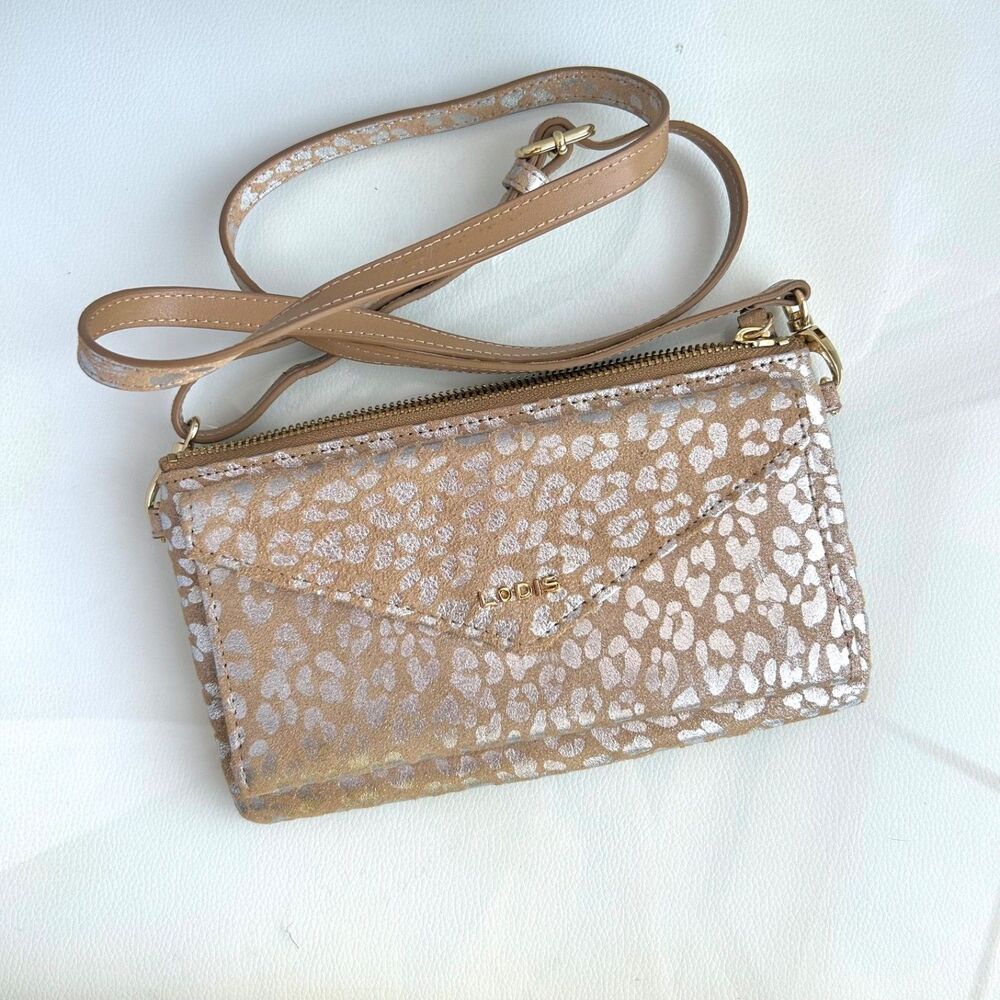 Lodis Wristlet / Crossbody Leather Access. Bag Purse Silver & Tan Animal print - Picture 2 of 10